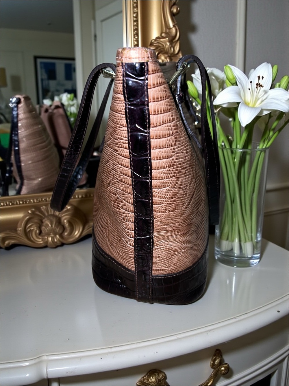 Pristine! Brahmin Leather Medium Asher Shoulder Bag, Gold Brown Croco & Lizard - Picture 5 of 13